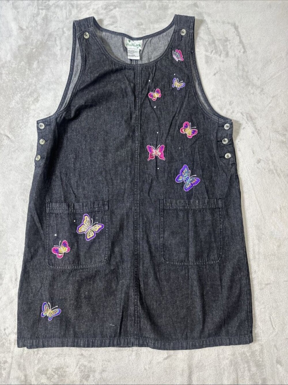 Quacker Factory Denim Jumper Dress Large Butterfly Embroidered Sleeveless